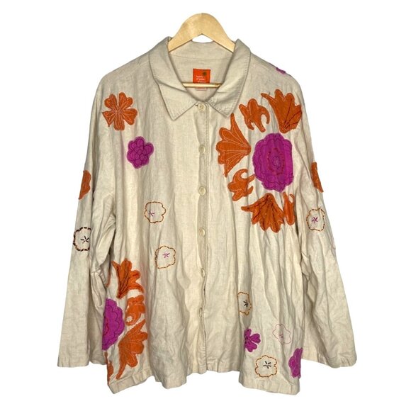 Hearts of Palm Womans 24 Embroidered LINEN Button Up Long Sleeve Shirt Tan Pink - Picture 1 of 8